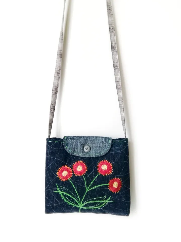 Handmade Small Denim Hand Embroidered Purses for Women, Handcrafted Boho Style Shoulder Bags - Floral Accents for Ladies. FREE SHIPPING!
