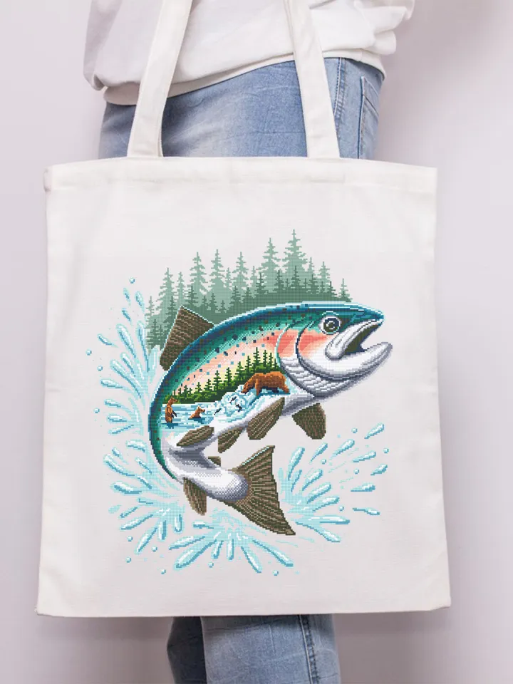 Salmon Fish cross stitch pattern PDF download Katmai national park cross stitch chart, Bears catch fish, Nature landscape pattern PDF #L80