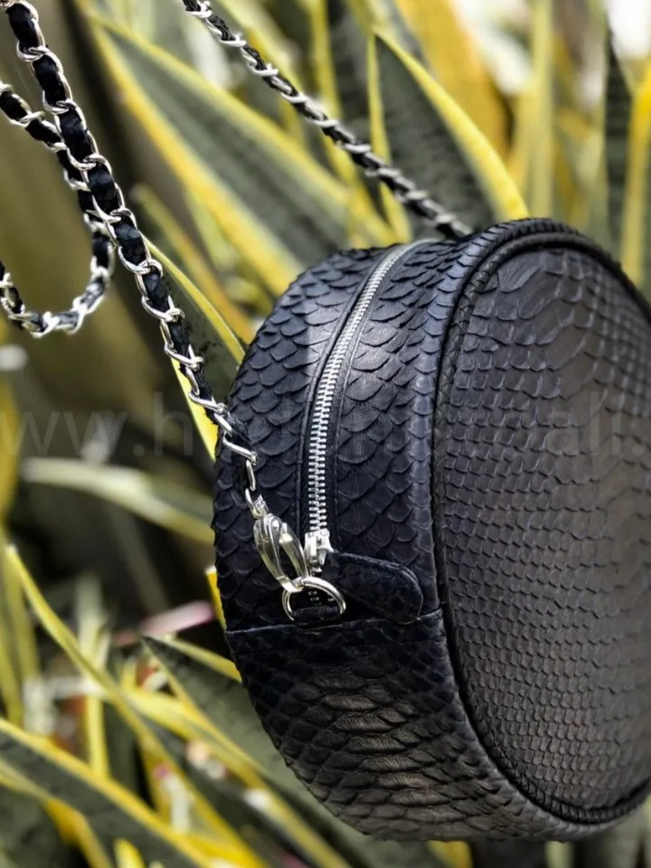 Genuine Python Skin Black Round Crossbody Chain Bag | Round Bags | Exotic Leather Bags | Classy Women Leather Snakeskin Bag | Designer Bag