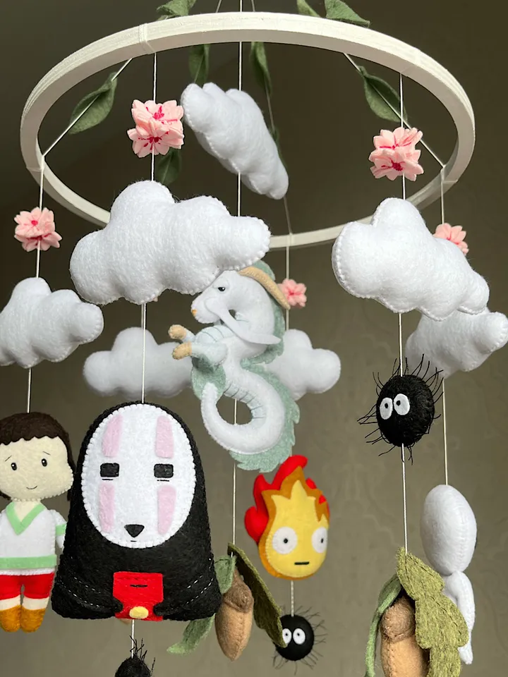 Hayao Miyazaki Anime mobile based on Spirited Away. Dragon Haku and Chihiro/ Kodama and No-Face for anime nursery