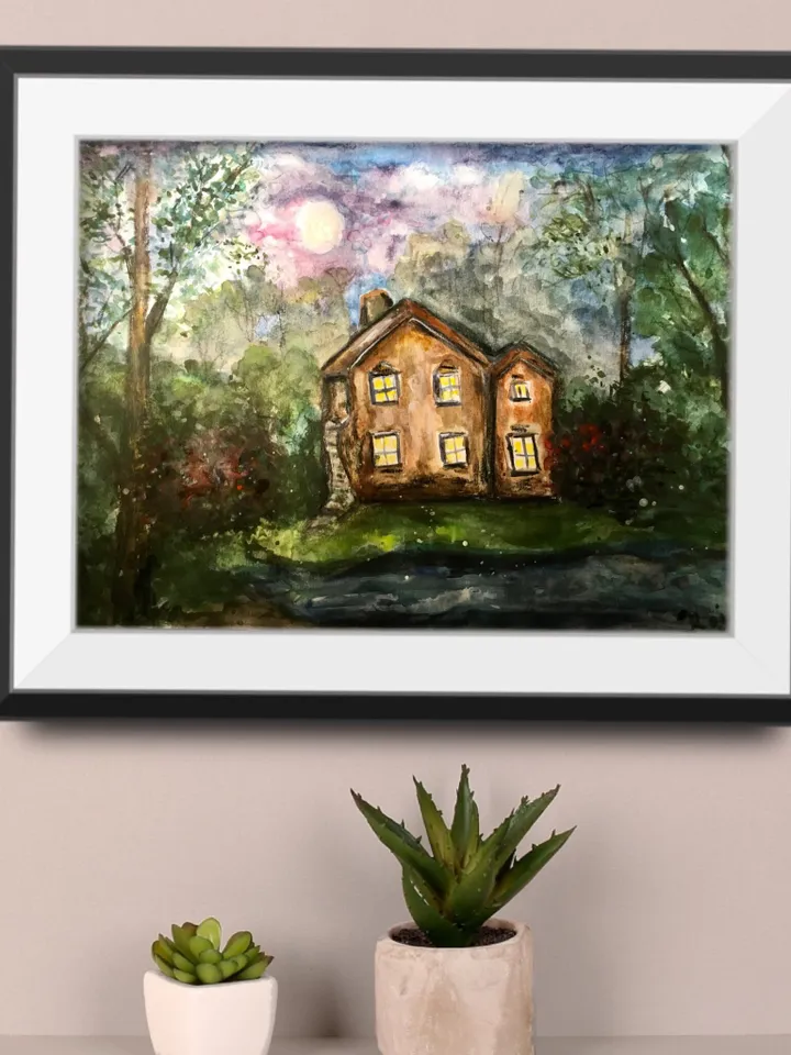 Mysterious House in the woods,original watercolour painting,forest painting,river,landscape painting,unique handmade painting,home decor