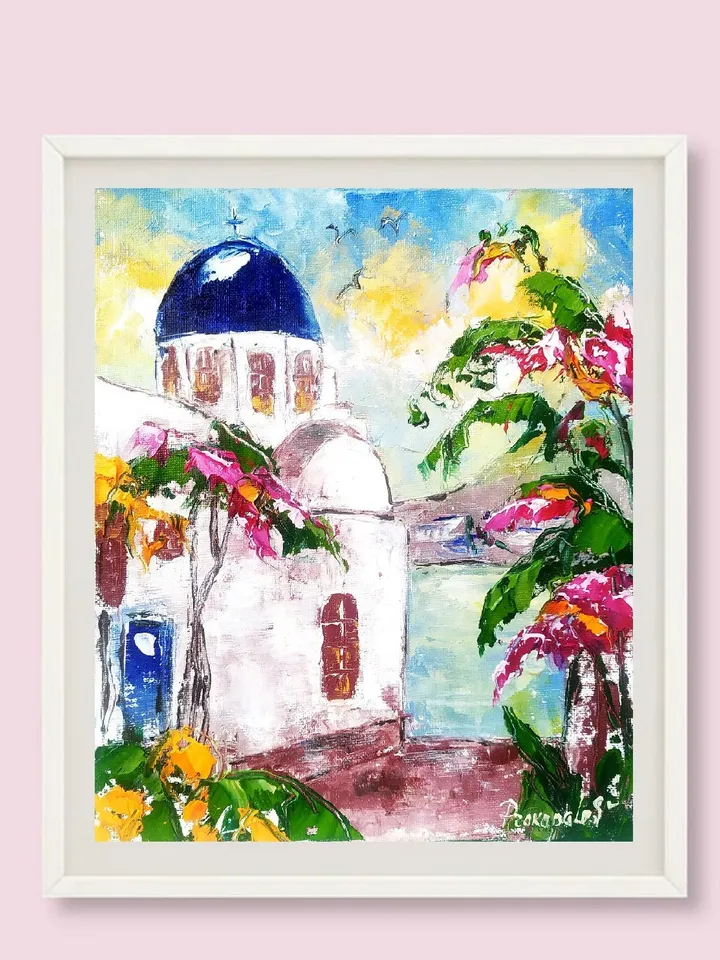 Santorini Painting Greece Original Art 12x10 Impasto Oil Painting Oia Greece Bougainville Wall Art Flower Artwork by ArtProkopaloSv