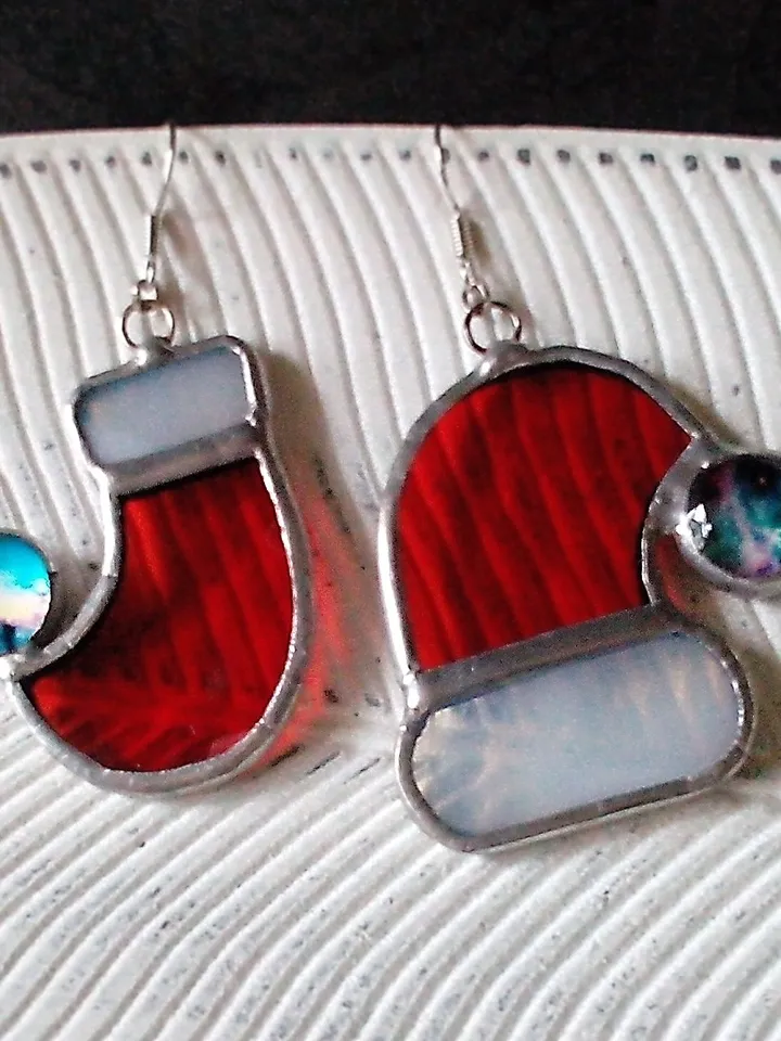 Santas hat stained glass earrings, Christmas hat, New year jewelry, Hygge Christmas decorations, Santa earrings