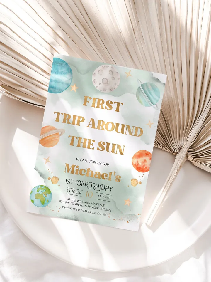 Editable First Trip Around the Sun Galaxy Blast Off Invitation Space Birthday Party Galaxy First Birthday Party Template Outer Space