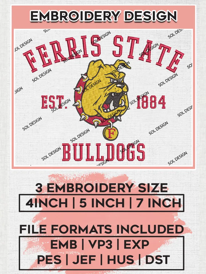 NCAA Ferris State Bulldogs Team Est 1884 Logo Embroidery Design Files, NCAA Ferris State Bulldogs Machine Embroidery, NCAA Teams, 3 sizes, NCAA Machine embroidery designs, Digital Download