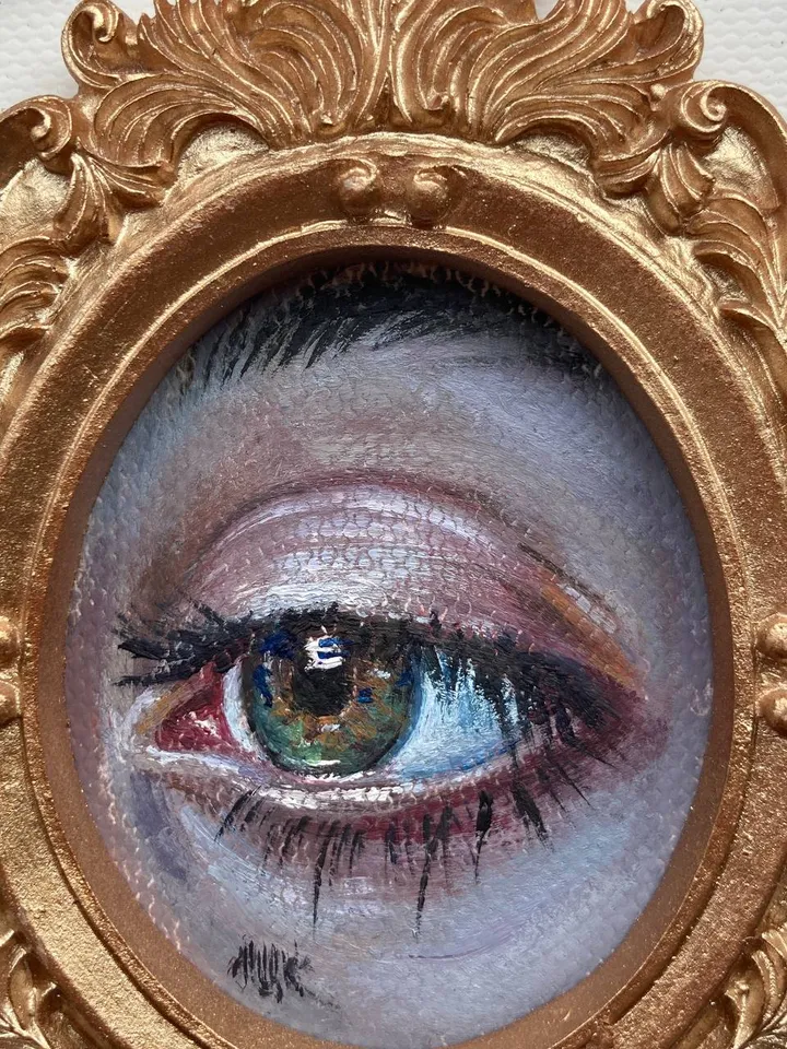 Original Framed Lover's Eye Antique Painting Illustration Vintage Style Small