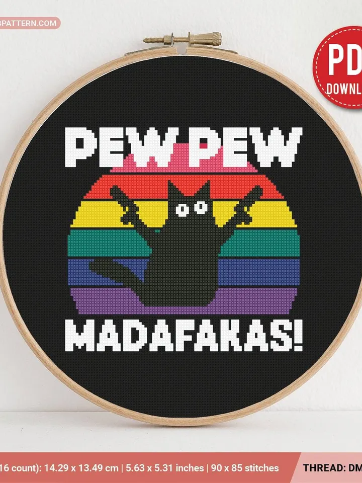 Pew Pew Madafakas meme Cross stitch pattern, Cat, Kitty, animals, beginner counted, modern chart, gift DIY, embroidery, instant PDF, digital