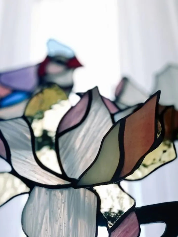 Stained Glass: Lovebirds – Blue Jays on Magnolia Branch with Agates, Stained Glass Bluebirds on Magnolia Branch, Romantic Stained Glass Lovebirds with Agates, Blue Jays on Magnolia – Stained Glass Art, Handmade Stained Glass Birds and Blossoms