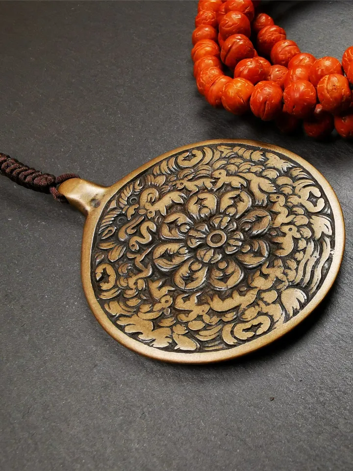 Gandhanra Vintage Tibetan Buddhist Calendar Badge,Melong Mirror, SIPAHO Amulet,Unique Mandala Flower Pattern,made of Lima Brass,2.16"