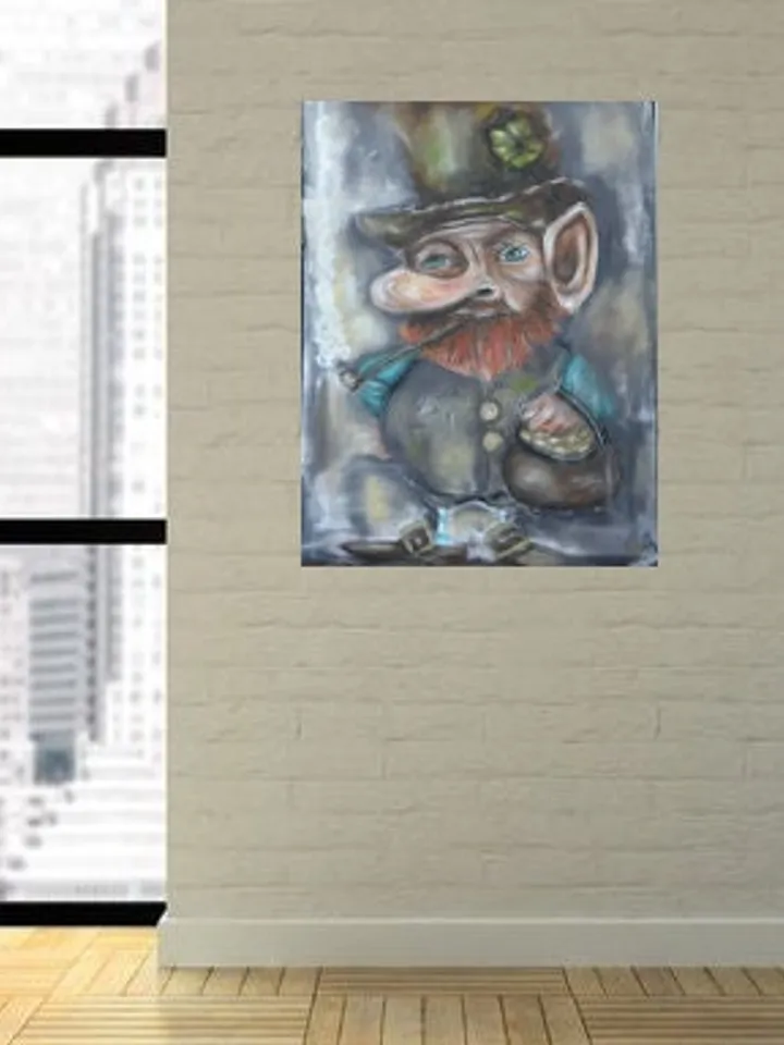 Leprechaun with a pot of gold,original soft pastel painting,irish leprechaun painting, irish gnome painting,saint Patrick day gift.