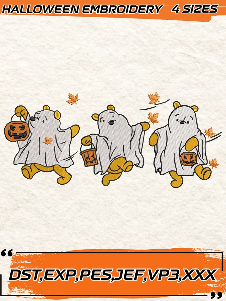 Winnie The Pooh Fall Pumpkin Embroidery Design,Halloween Embroidery Design, 4 Sizes, Digital Download