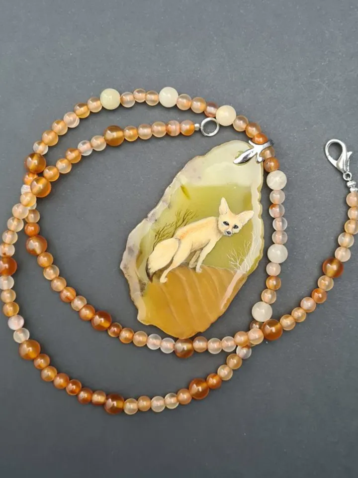 Desert fox fenech leather necklace Hand painted jewelry miniature painting