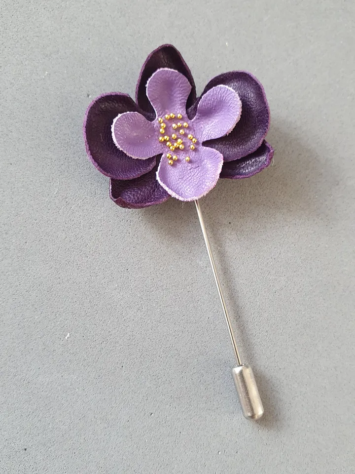 Violet orchid men's lapel pin Leather boutonniere for him 3rd anniversary gift, art.27