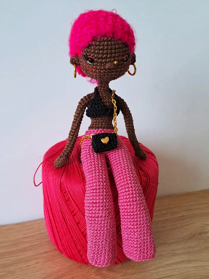 Pattern Black doll in pink. pattern Crochet african doll. afro american doll. crochet dark skin doll