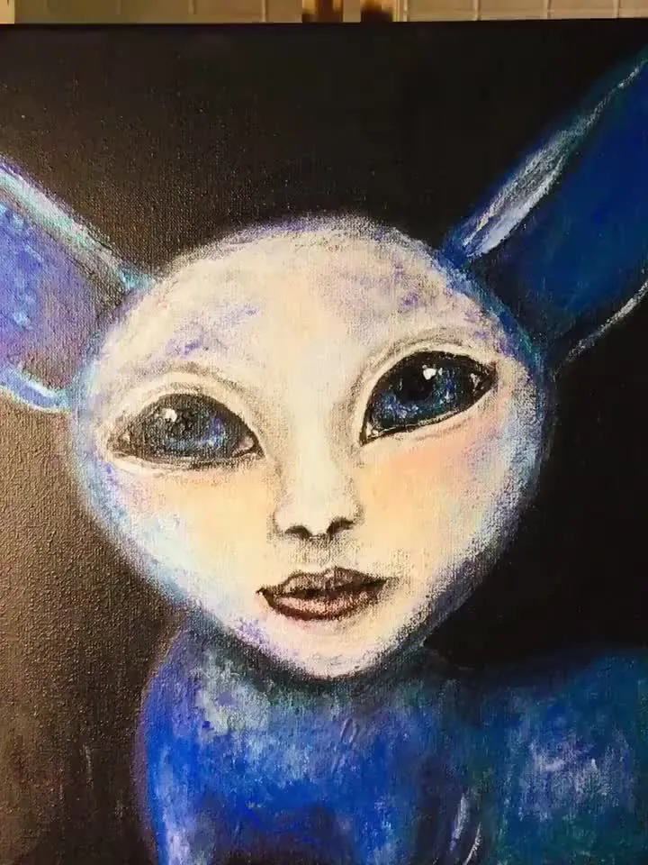 Blue puppy,fantasy dog painting,small gift,original acrylic painting on black canvas.