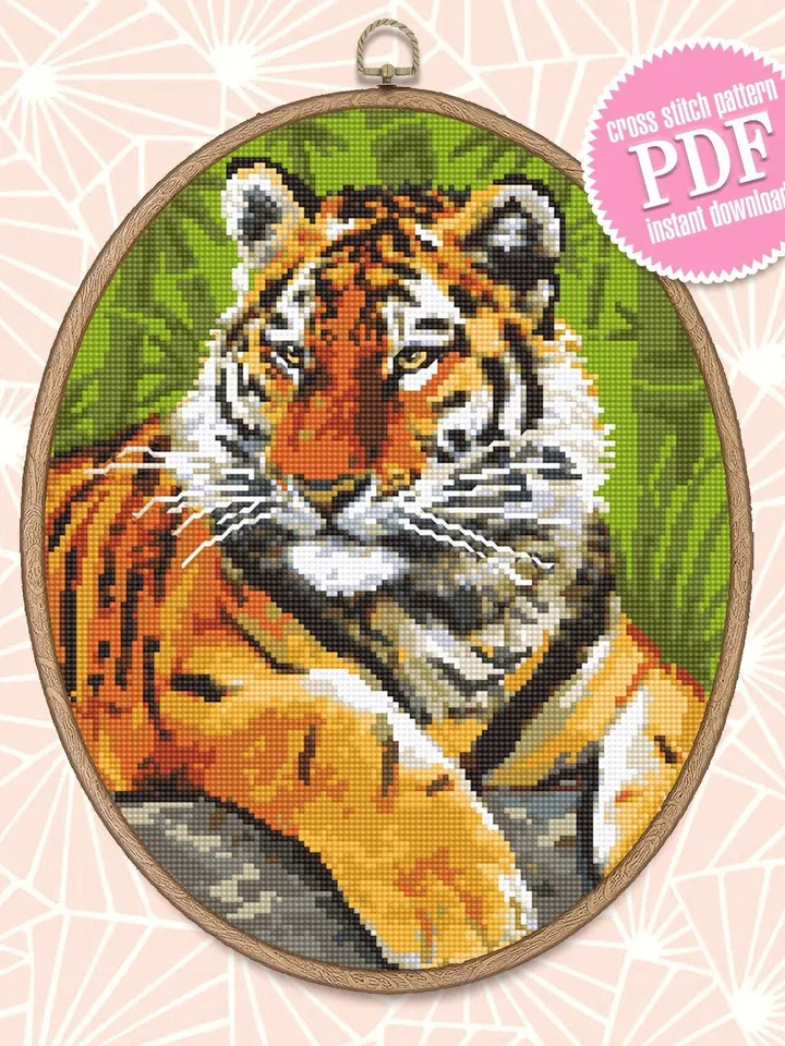 Tiger cross stitch pattern download PDF Wild animal cross stitch chart, Nature hand embroidery PDF Big tabby cat cross stitch Home decor #K5