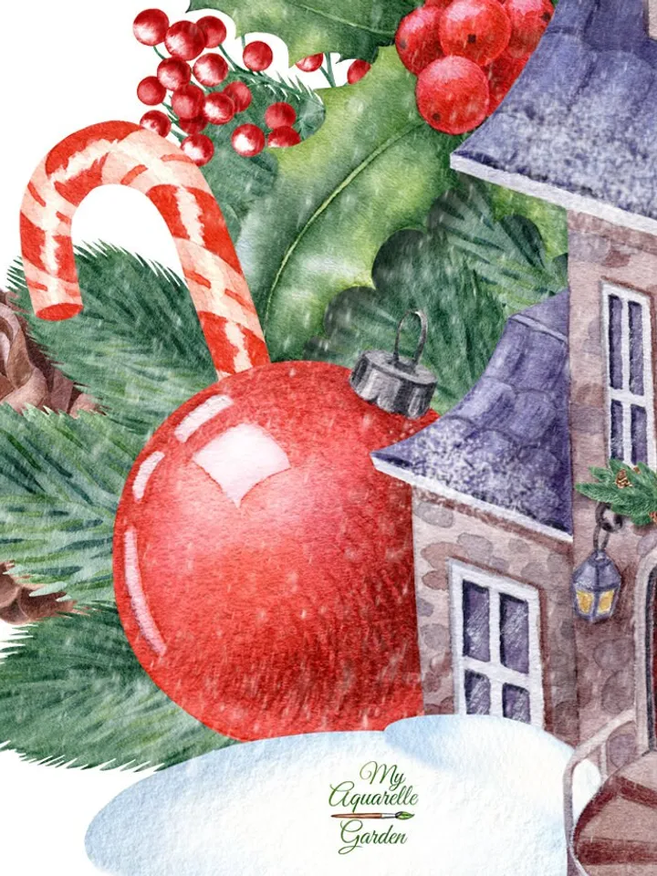 Winter house Watercolor hand-painted images Christmas New Year DIY holiday wishes cards Invite Stickers Scrapbooking Wall art Printable PNG