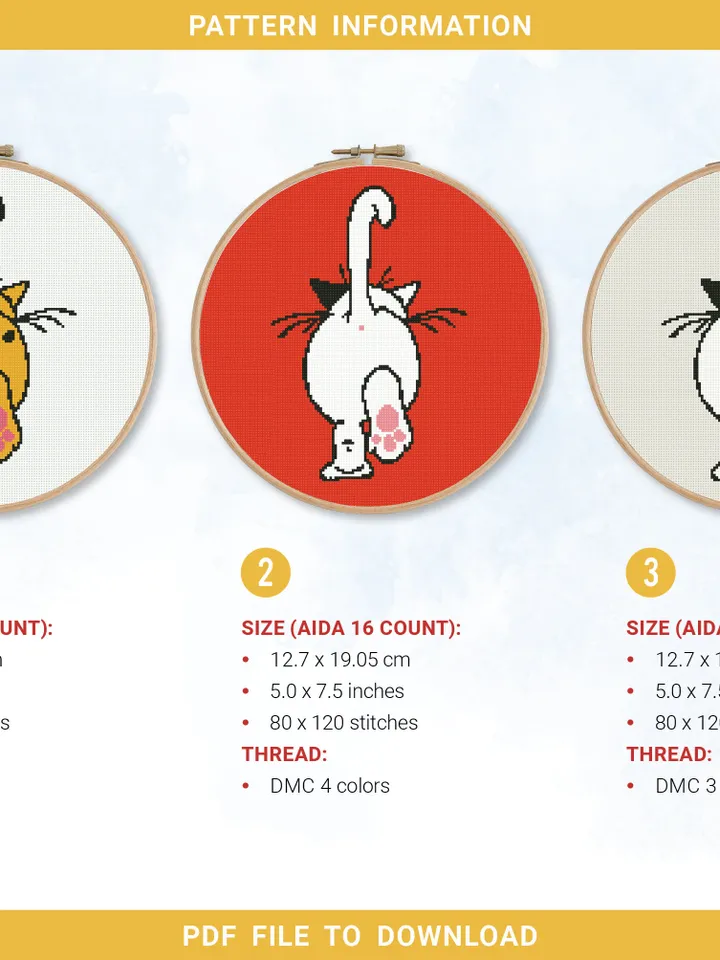 Funny Cat stitch pattern,Bundle of 3 ornament Kitten decor Holiday cross stitch pattern, counted, chart, gift DIY, embroidery, instant PDF