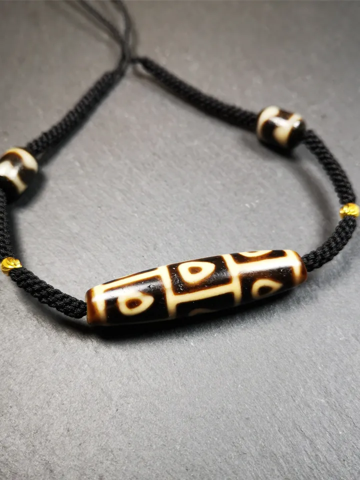 Gandhanra Antique Tibetan 9 Eyed Bodhi Dzi Bead Necklace, 2.1" x 0.51", 40 Years Old