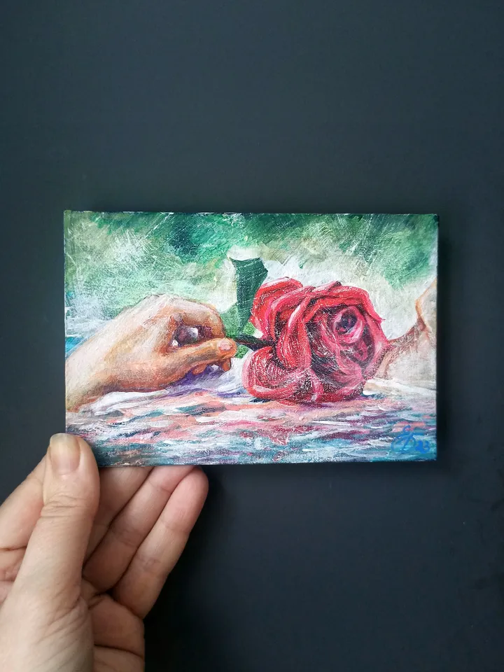 Miniature painting with a red rose in water, Relaxation, Original acrylic painting on cardboard with canvas 10x15cm