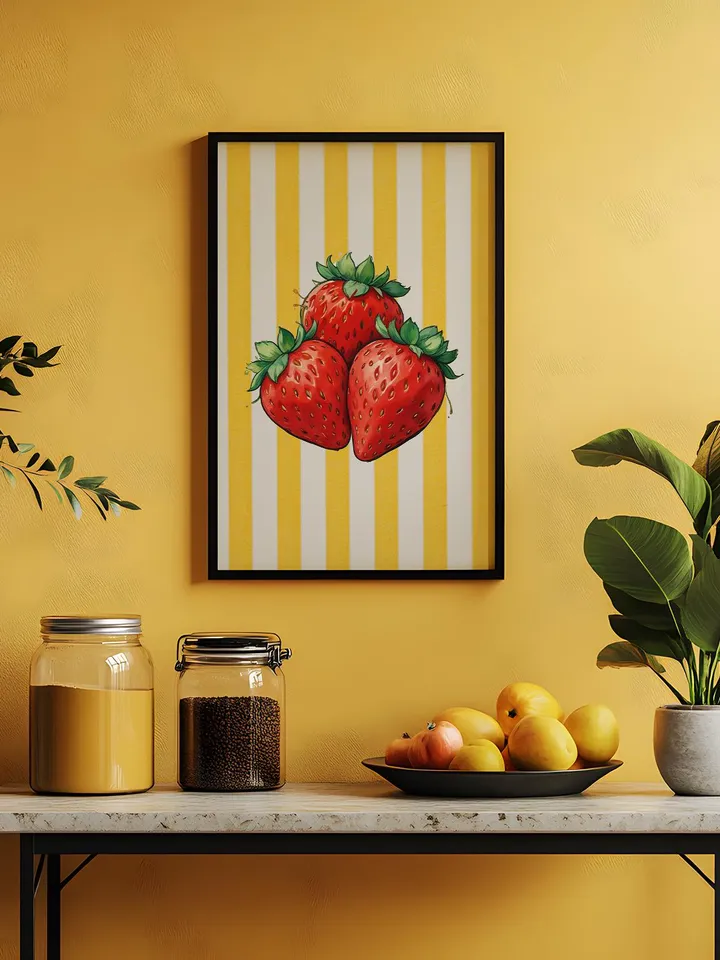 Strawberry Vintage Print, Strawberries Wall Art, Kitchen Trendy Poster, Farmhouse Kitchen Drawing, Retro Kitchen Decor, Fruit Wall Art