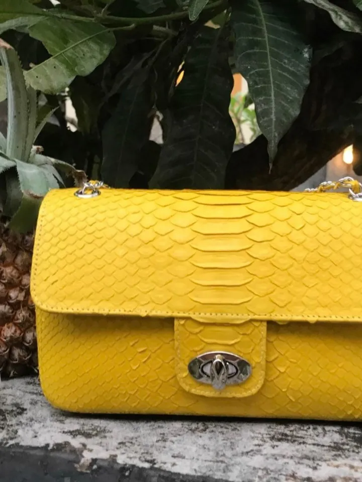 Yellow Genuine Python Skin Crossbody Chain Bag | Bright Summer Bag | Elegant Women Bag | Chain Strap Crossbody Deep classy Purse | gift idea