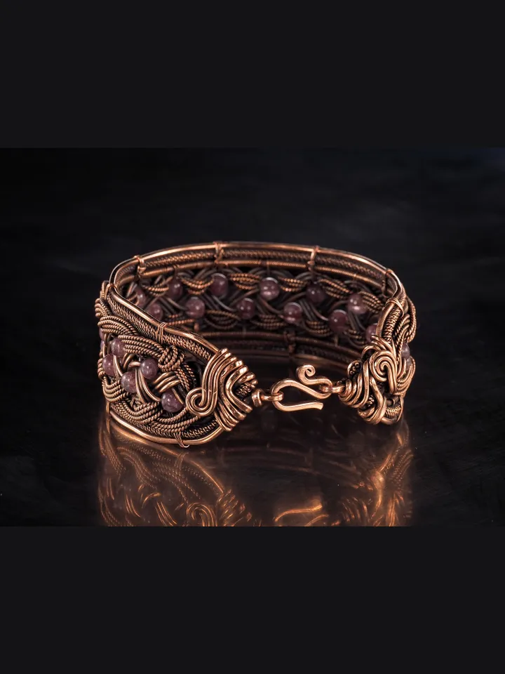 Copper wire wrapped bracelet with amethyst for lady Antique style WireWrapArt