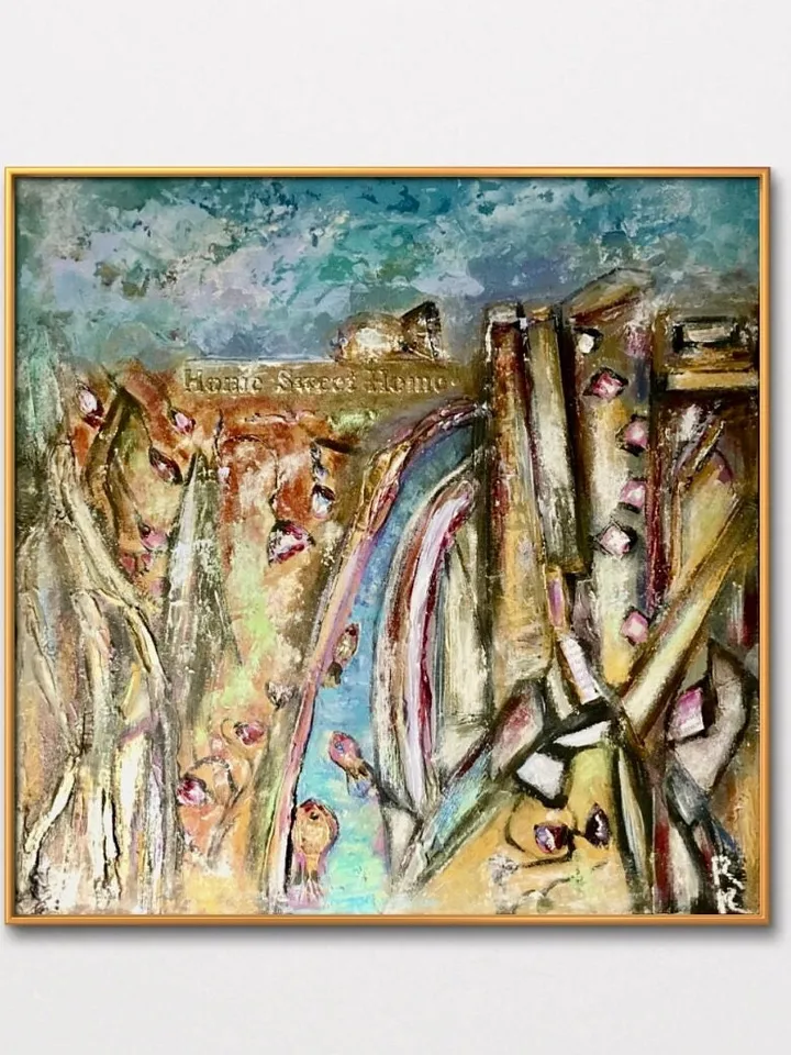 Fish town,original acrylic mix media fantasy painting ,collage wall art,fantasy town painting on cardboard,wall decoration.