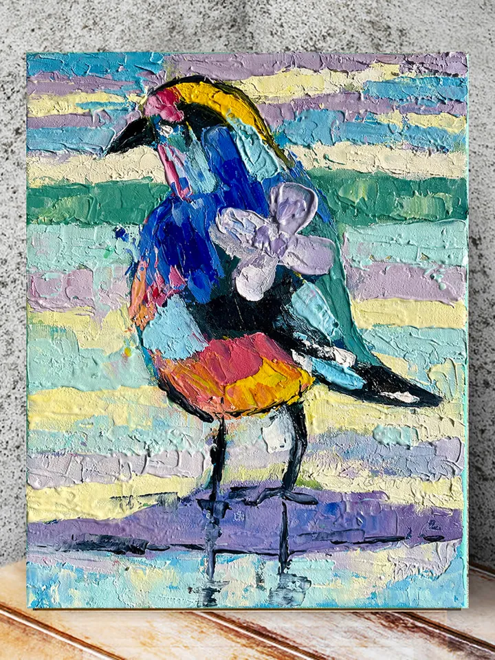 Seagull painting, Original bird oil painting on canvas, Wildlife wall art, Small animal artwork