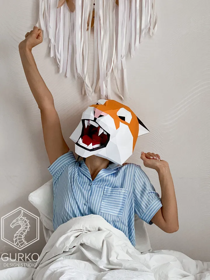 Angry Tiger Mask Papercraft, Cat, Digital Template, PDF Download, Gurko, 3D Low Poly Animal Mask, DIY Origami, Pepakura, Paper Mask, Costume