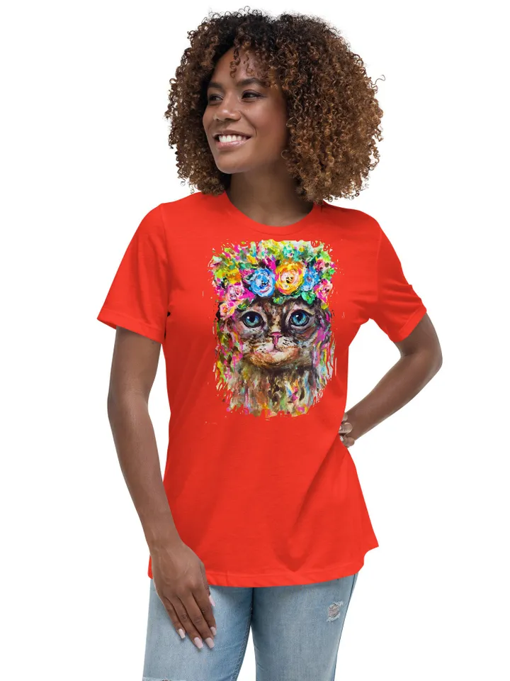 Cat in flowers Women's Relaxed T-Shirt made with my original watercolour mix media painting