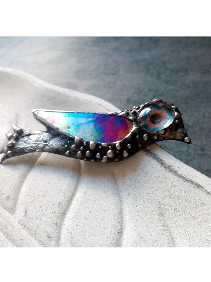 Stained glass bird brooch, Hummingbird pin, iridescent stained glass, exotic bird pin, Tropical bird brooch