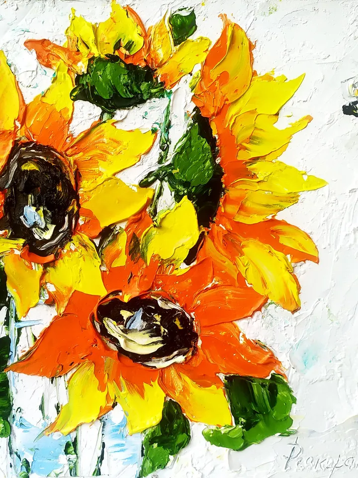 Sunflowers Painting Honeybee Original Art Flowers Impasto Oil Painting Floral Wall Art Flowers Wall Art 8x8