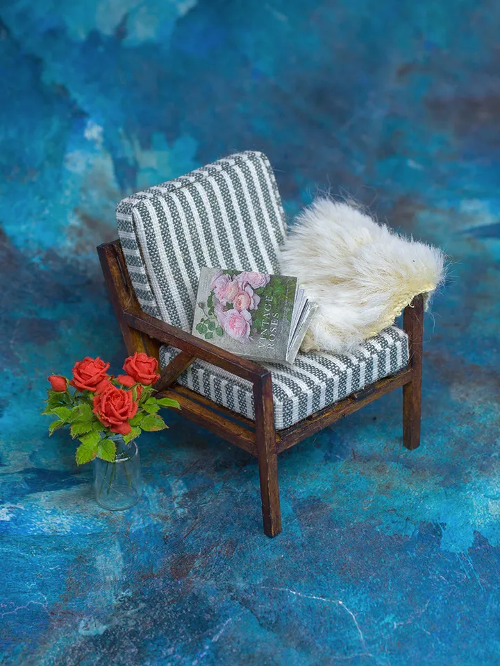 TEMPLATE Miniature modern chair made of wood, cardboard and fabric in 1:12 scale.