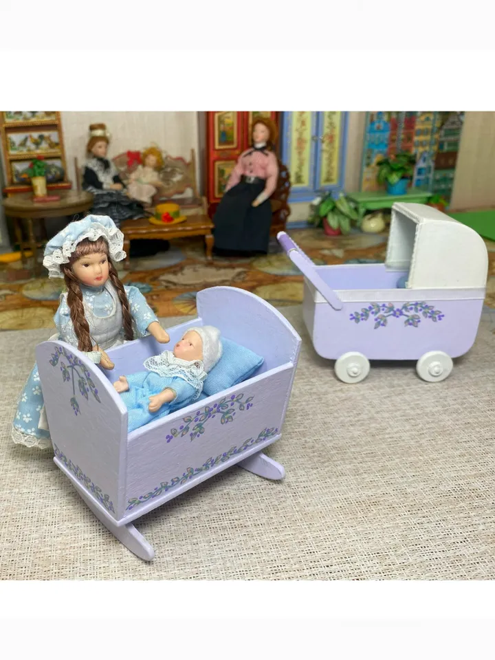 Doll cradle and stroller.
Handmade. 1:12. Dollhouse miniature.