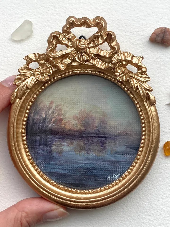 Round Forest Painting Landscape Dark Art Original Moody Victorian Painting Small Framed Wall Decor Gold Frame 4 by 4 Art