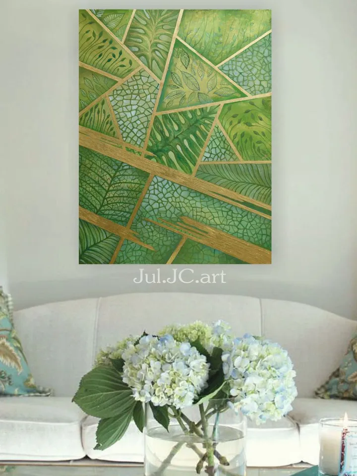 Green and Gold Abstract Wall Art Chartreuse Original art Floral Painting Botanical Art Green leaves art