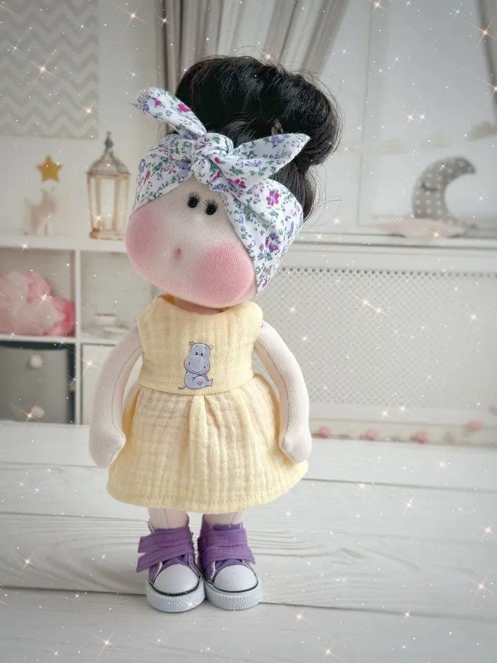 Handmade Rag Doll with set of clothes. Textile Doll with dark brown hair. Tilda Doll for gift.