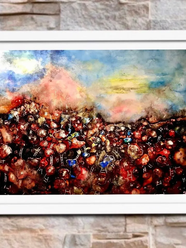 Red town fantasy unique artwork,original alcohol inks mix media painting on heavy yupo paper,fantasy wall art,home decoration.
