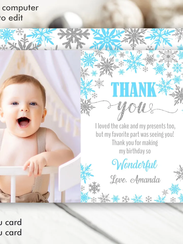 Winter Onederland Thank you card with photo, Winter Onederland Birthday Boy Decorations, Blue Silver Snowflake Note Card editable template