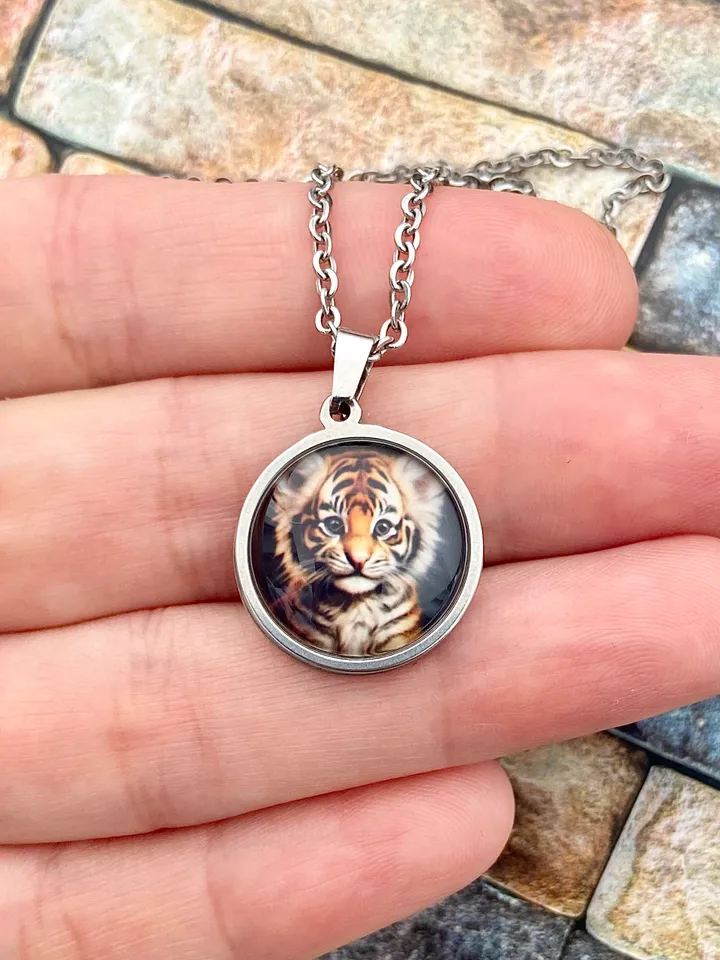 Tiger head necklace, steel pendant with glass, Wild cats lover gift, Cute little tiger charm