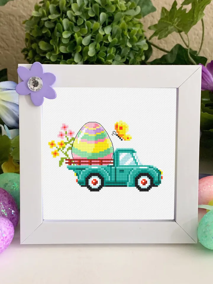 Easter truck cross stitch pattern PDF download Easter egg cross stitch chart, Easter digital pattern PDF for beginner, Farmhouse truck #T28