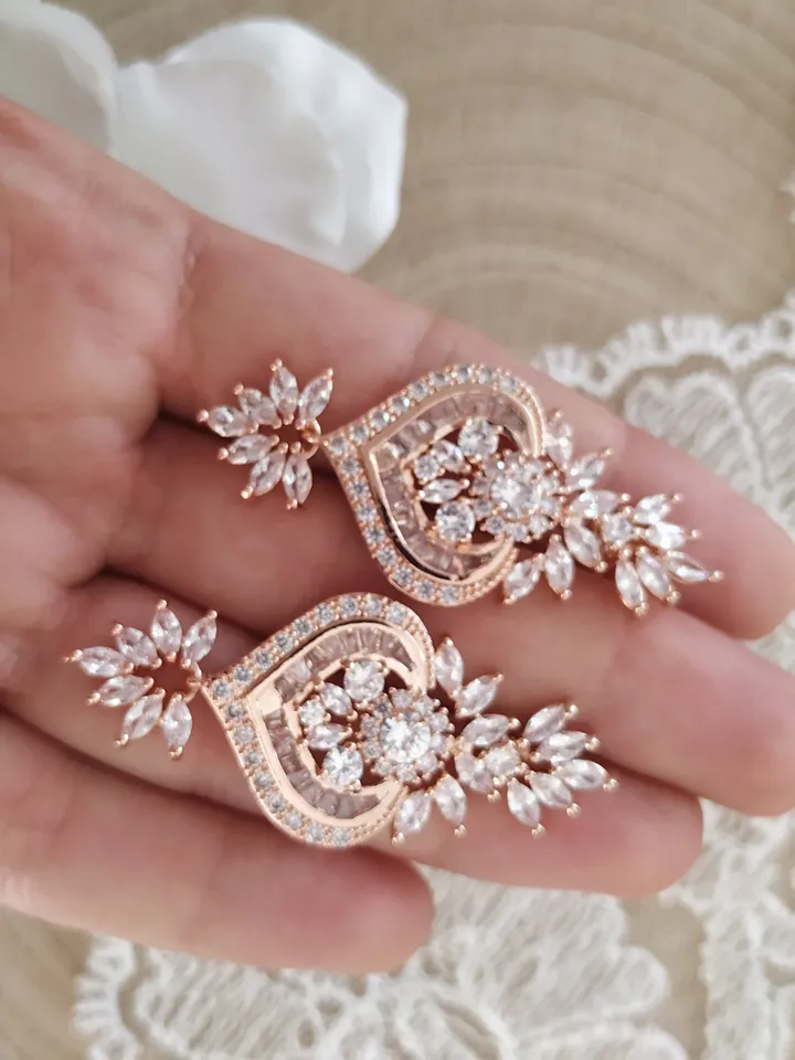 Diamond Rose Gold Art Deco Wedding Earrings, Floral Bridal Earrings, Leaf Vintage Earrings, Jewelry, Statement Jewelry, Chandelier Earrings