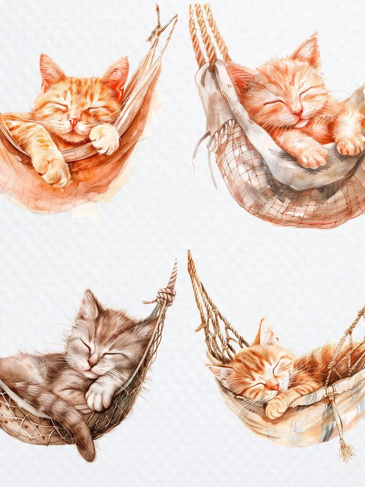 12 Sleeping Cat PNG Bundle, Cat in Hammock Printable Watercolor clipart for sublimation, High Quality PNGs, Paper craft, junk journals