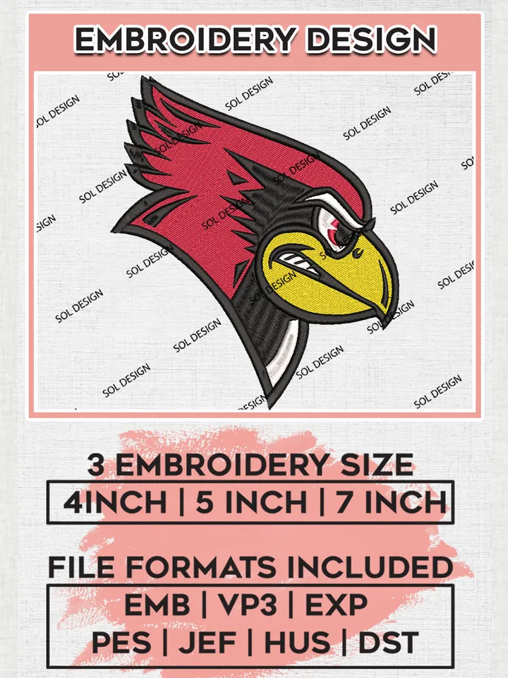 Illinois State Redbirds Team Head Mascot Logo Embroidery Design Files, NCAA Illinois State Redbirds Machine Embroidery, NCAA Teams, 3 sizes, NCAA Machine embroidery designs, Digital Download