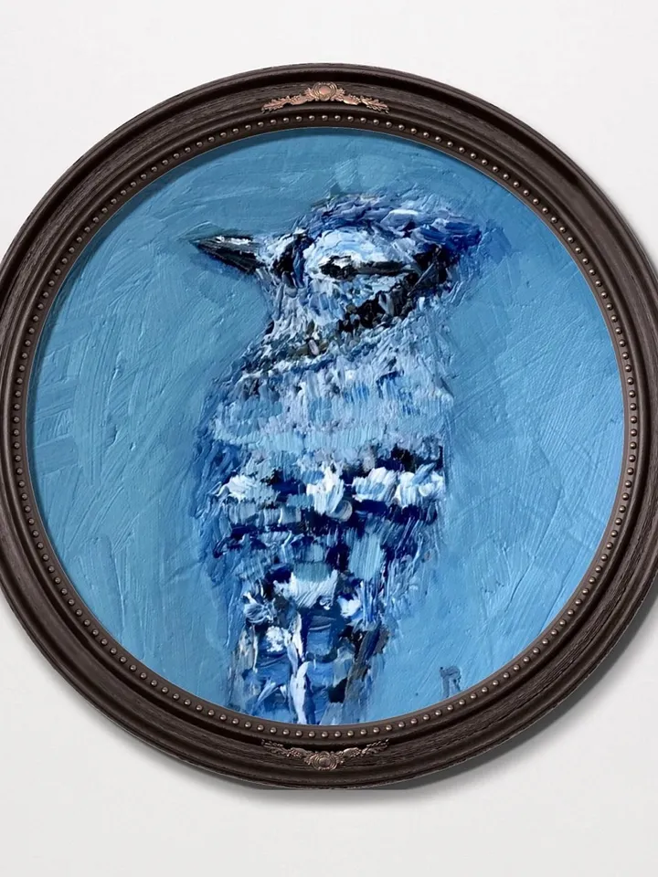 Blue jay bird painting on round canvas,bird wall art,original oil impasto bird painting,round canvas oil painting,gifts home decor.