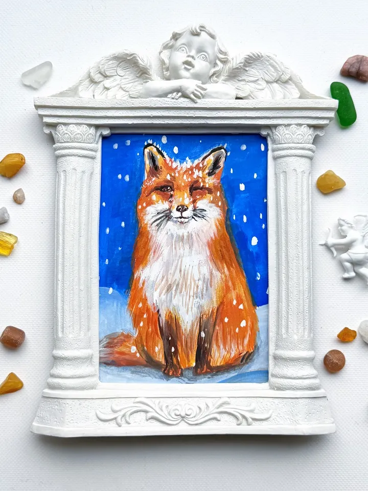 Fox Gouache Painting Original In Vintage Style Frame Small Framed Animals Wildlife Art