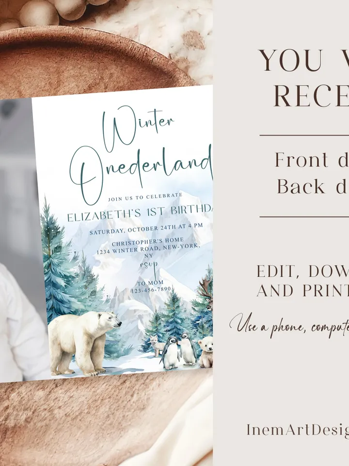 Winter Onederland 1st Birthday Invitation, Snow Woodland 1st Birthday Invite, Winter Onederland, Printable 1st Birthday Invitation - I132