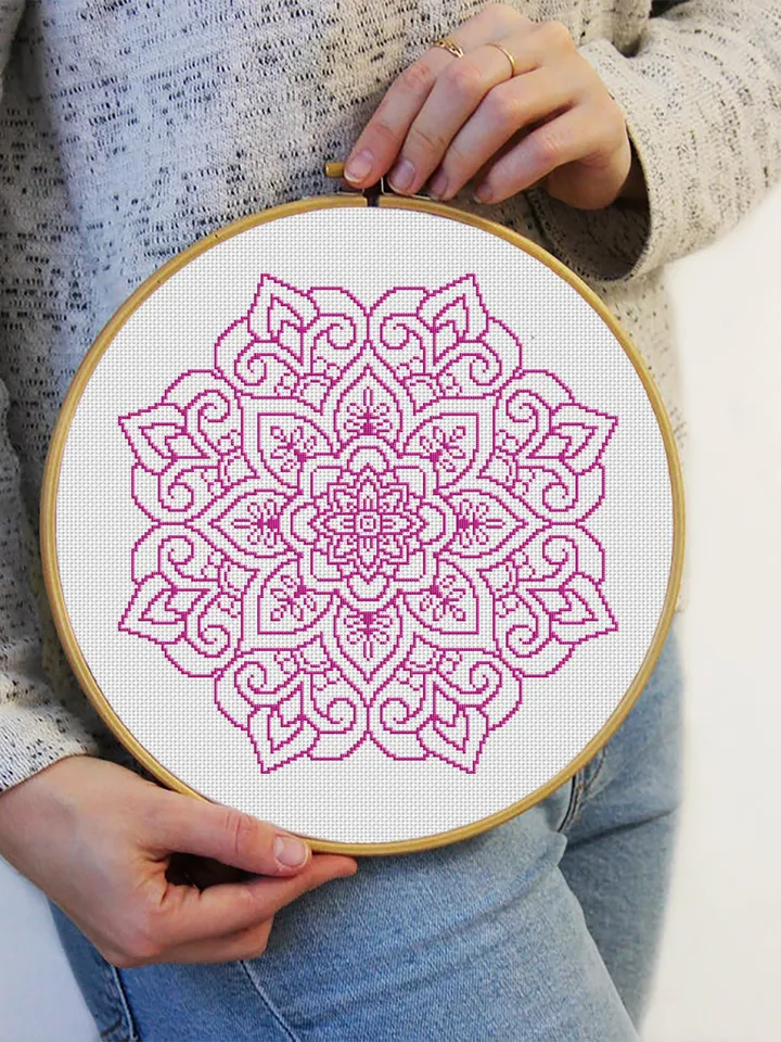 Mandala cross stitch pattern download PDF, Easy floral ornament cross stitch chart, Monochrome cross stitch, Mandala hand embroidery #M84