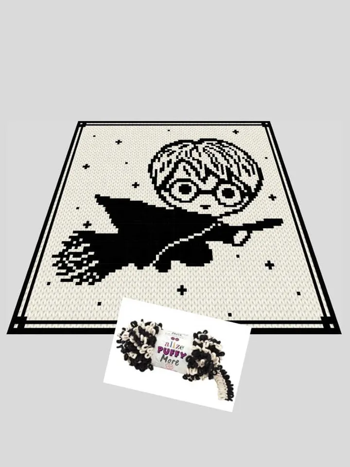 Loop yarn Finger knitted Harry on the broom blanket pattern